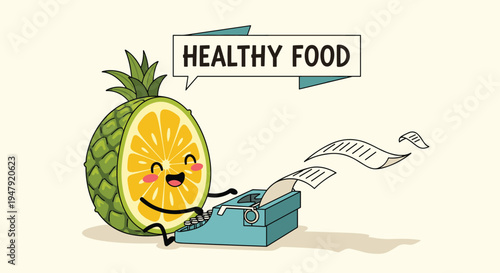 Happy pineapple slice character types away on a vintage typewriter as several sheets of paper fly into the air.