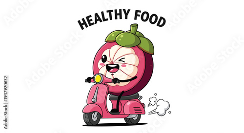 Joyful mangosteen fruit character travels quickly on a pink motor scooter under a black healthy food message label.