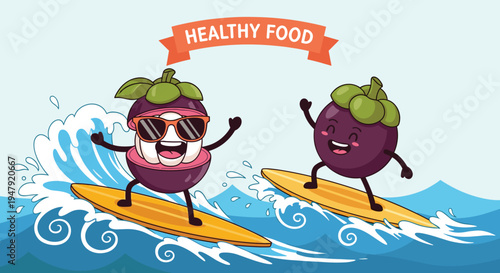 Pair of active mangosteen characters catch large waves while surfing on boards in the ocean under a healthy food sign.