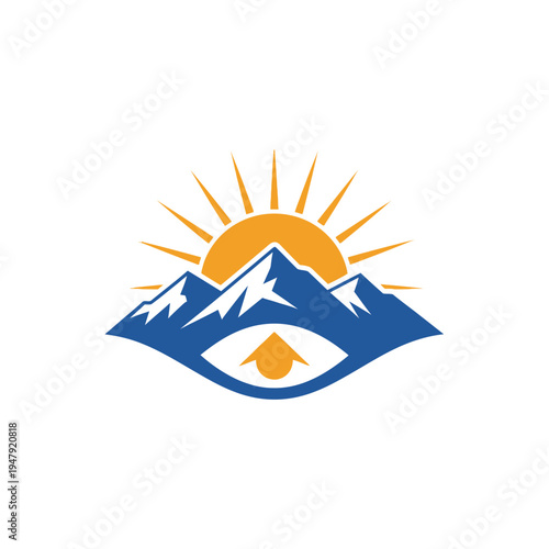 Abstract logo with sun rising over mountains and an eye symbol, representing vision, nature, and insight on an isolated white background.
