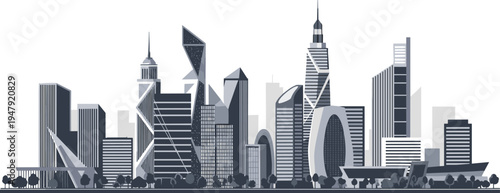 Modern futuristic city skyline with abstract skyscraper architecture, urban downtown buildings and smart city infrastructure, metropolitan cityscape vector illustration design
