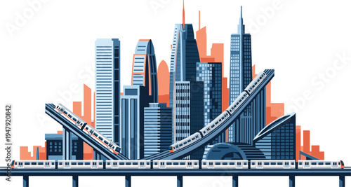 Modern futuristic city skyline with metro train transportation system, urban skyscraper architecture and elevated railway bridge, smart city infrastructure vector illustration