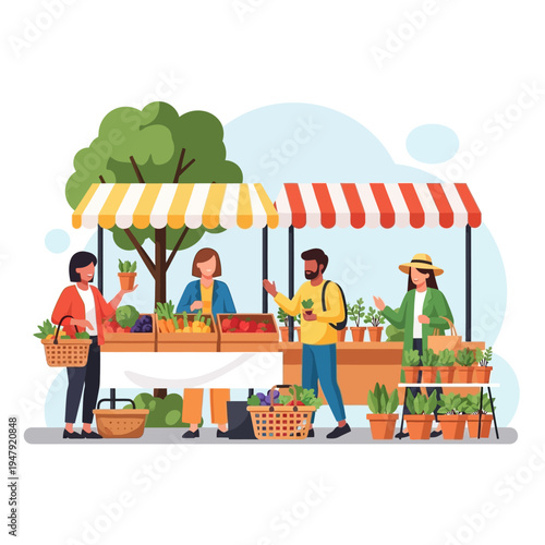 People at marketplace near a tree purchasing fresh produce