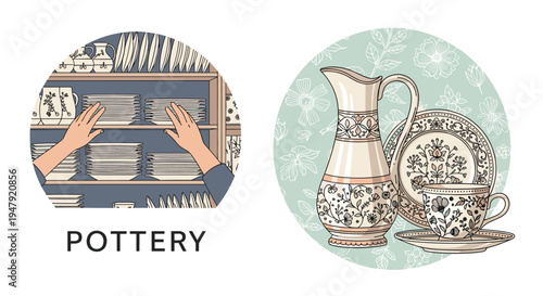 Artistic composition shows hands organizing kitchen shelves and a beautiful set of patterned ceramic pottery pieces.