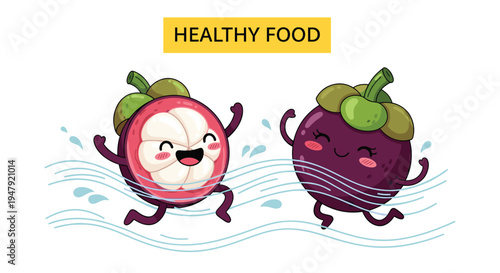 Two happy mangosteen characters run through flowing water while celebrating under a yellow healthy food banner.