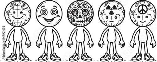 Global emotion mascot characters set, earth head figures with hypnosis skull radiation peace symbol vector