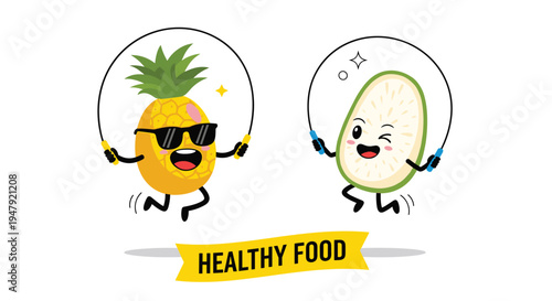 Energetic pineapple and dragon fruit characters perform jump rope exercises together under a healthy food ribbon.