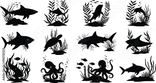 Underwater marine life silhouette set with shark turtle octopus fish coral reef plants ocean wildlife vector illustration collection