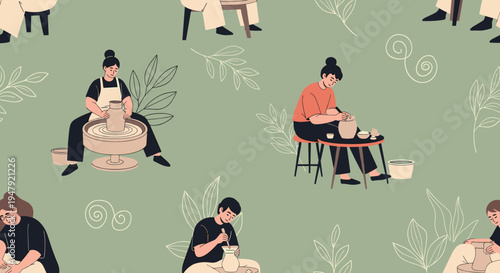 Beautiful seamless pattern showcases various people engaged in the craft of pottery making on a pale green background.