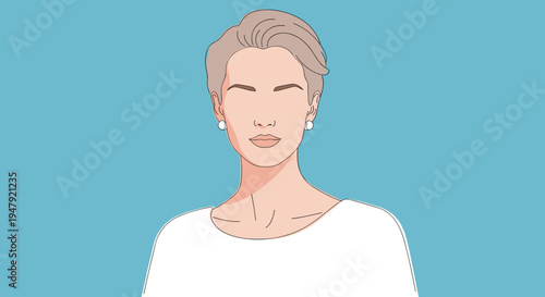 Minimalist portrait of a woman with short blonde hair and white earrings set against a clean light blue background.