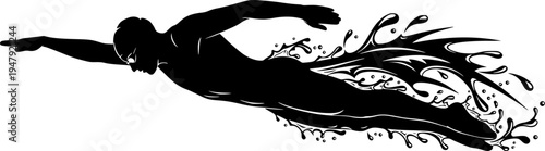 Solid black silhouette of a swimmer in a pool with water splash, minimalist aquatic sport and fitness motion vector illustration.