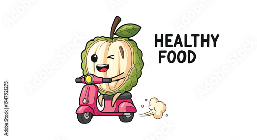 Cute soursop fruit character enjoys a ride on a pink motor scooter in this whimsical healthy food illustration.