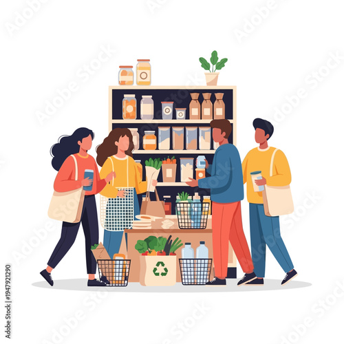 Woman at sustainable shop checking out healthy food and groceries
