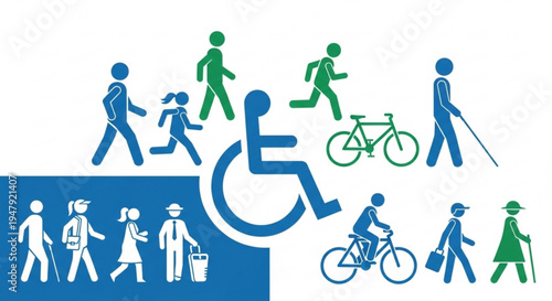 Accessible pedestrian and cyclist icons including disability symbol for inclusive transportation and mobility