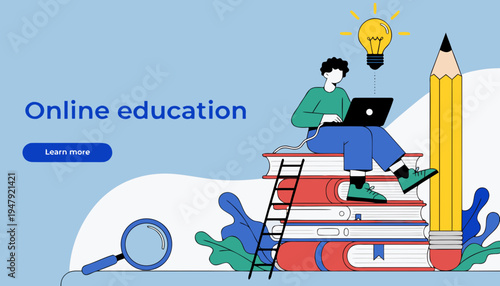 The overall style is clean, modern, and uses a limited color palette to convey the theme of online learning, knowledge acquisition, and new ideas.
