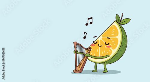 Cute lime wedge character closes its eyes while playing a tall wooden harp with musical notes floating nearby.