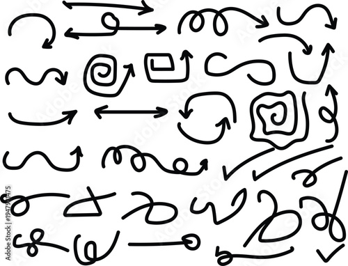 Collection of hand drawn arrows and swirling lines