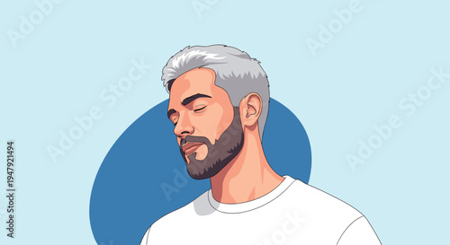Peaceful portrait of a man with silver hair and a beard resting his eyes against a simple blue background circle.