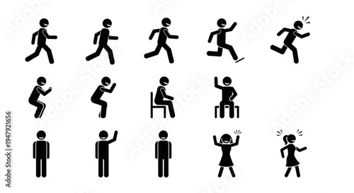 Collection of black stick figures depicting various energetic movements and actions on white background