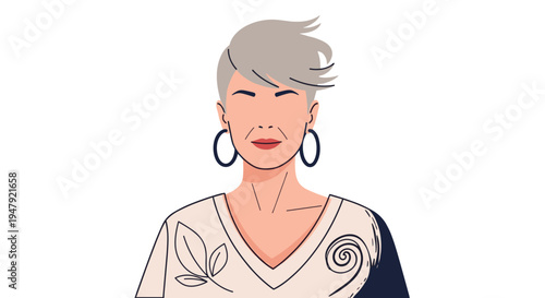 Sophisticated mature woman with short grey hair and large black hoop earrings is depicted in a minimalist style.