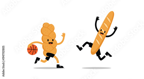 Braided bread and long baguette characters stay active by playing basketball in a fun sports-themed food illustration.