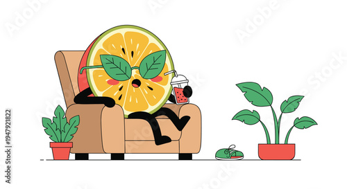 Relaxed orange slice character wearing green leaf sunglasses lounges comfortably in an armchair while enjoying fresh fruit juice.