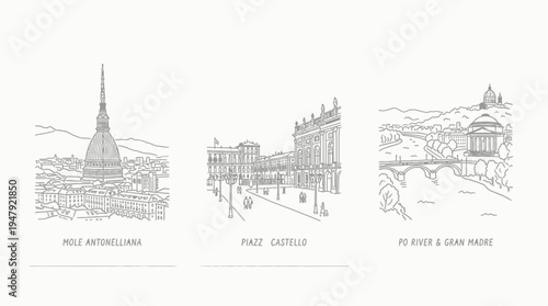 Turin Landmarks In Line Art Style