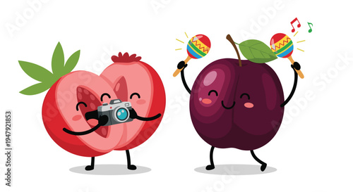 Creative pomegranate character acts as photographer for a happy plum character dancing with colorful maracas in fun scene.