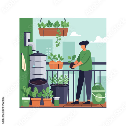 Woman gardening a balcony with plants and water collecting system