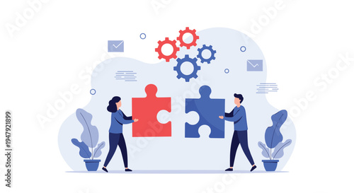 Collaborative teammates work together to fit giant red and blue puzzle pieces while gear icons represent effective process.