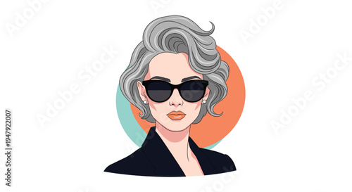 Sophisticated woman with stylish short grey wavy hair and dark sunglasses poses against a teal and orange background.
