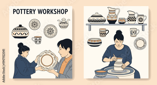 Professional pottery workshop flyer features artisans crafting beautiful ceramic plates and vases on manual pottery wheels.