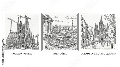 Barcelona Landmarks in Black and White Sketch Style