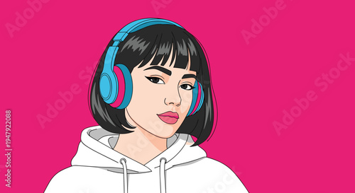 Cool young woman with sleek black bob hair and headphones looks into the distance against a vibrant pink background.