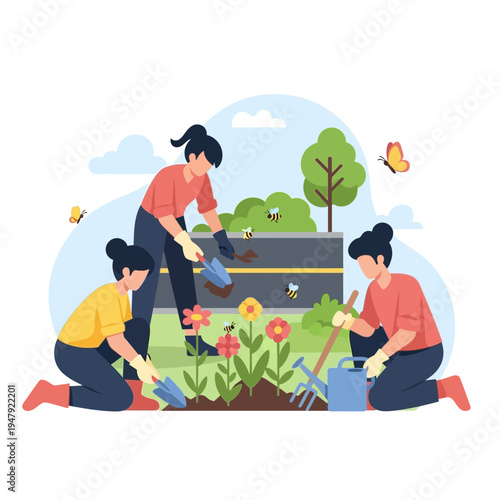 Three women planting flowers and gardening during springtime outdoors