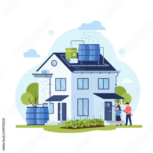 Rainwater harvesting system on a home with water tanks