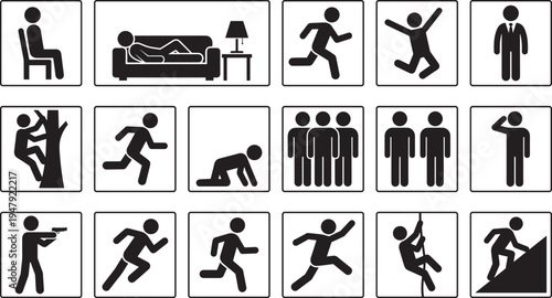 Human activity silhouettes set, people sitting running jumping climbing working standing action lifestyle icon collection