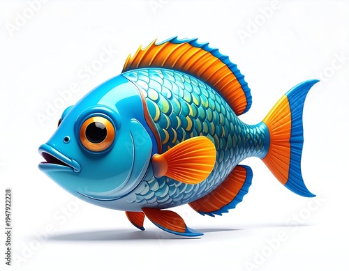 Cartoon-styled fish with blue scales, orange fins, and large eyes, isolated against a white background with subtle shadows