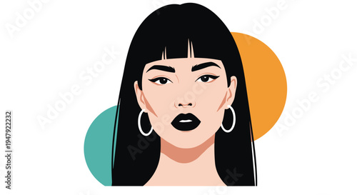 Elegant woman with long straight black hair and stylish bangs poses with silver hoop earrings on colorful background.