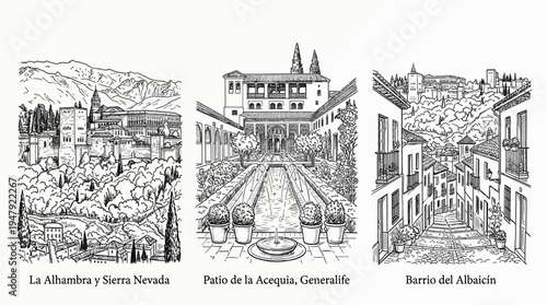 Ink Drawings of Alhambra Granada Spain Architecture and Landscapes