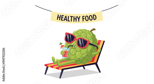 Relaxed green custard apple character wears sunglasses and drinks juice while lounging on a beach chair under banner.