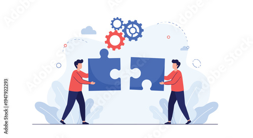 Collaborative team members connect giant blue puzzle pieces while gear icons illustrate their efficient working process.