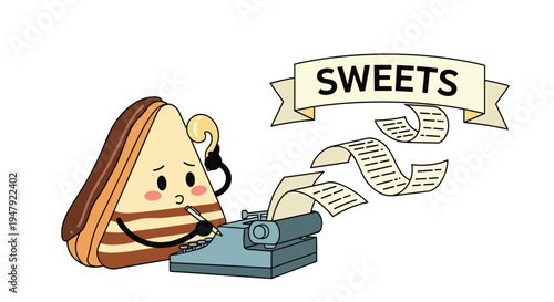 Creative slice of layer cake character works on a story using a vintage typewriter under a colorful sweets banner.