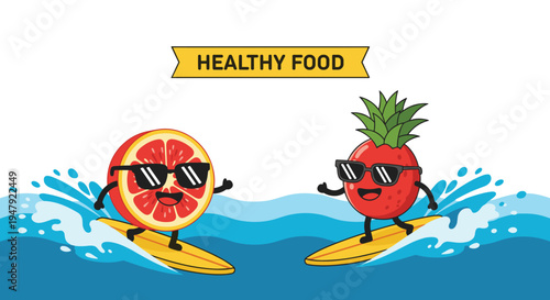 Cool orange and dragon fruit characters wearing sunglasses enjoy surfing together on the blue ocean under healthy food banner.