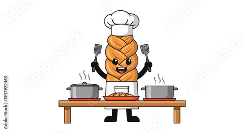Talented braided bread character wearing a chef hat and apron enthusiastically cooks meals in a professional kitchen.
