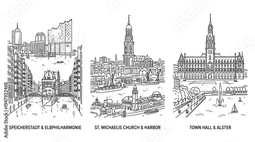 Hamburg Landmarks Speicherstadt St. Michael's Church and Town Hall