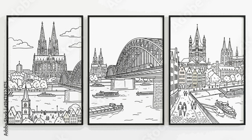 Triptych of Iconic Cologne Cityscape Drawings