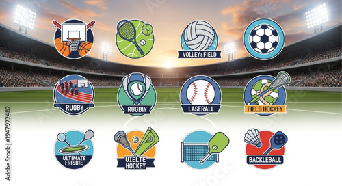 Collection of Sports Logos Featuring Various Ball Games and Team Sports.