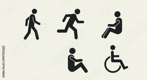 Diverse people icons for accessibility and mobility concepts featuring walking running sitting crouching and wheelchair user silhouettes on a beige background