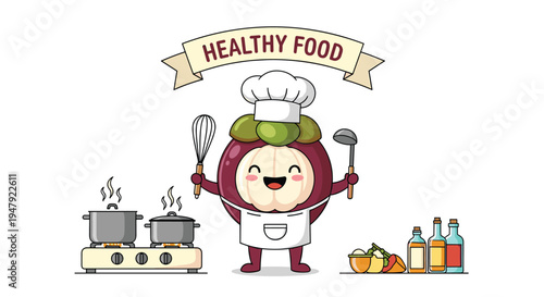 Cheerful mangosteen chef character prepares a healthy meal with fresh ingredients in a kitchen under a banner.